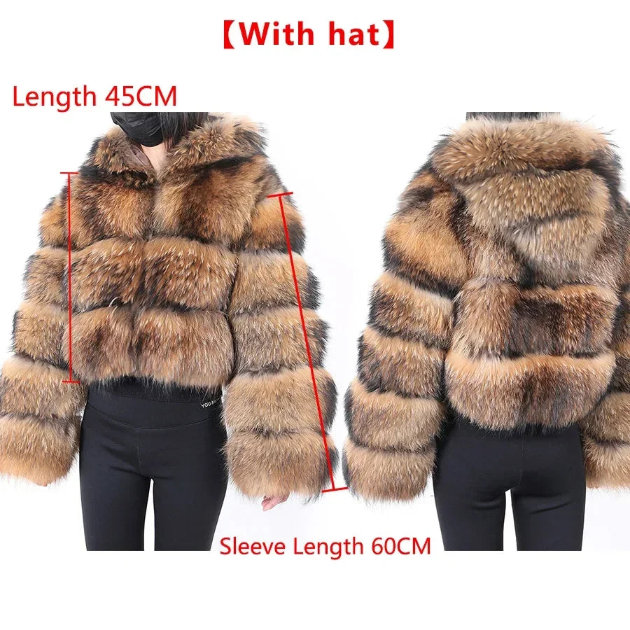 Real Fur Coat Women Natural Raccoon Fur Jacket  Long Sleeve With Hat