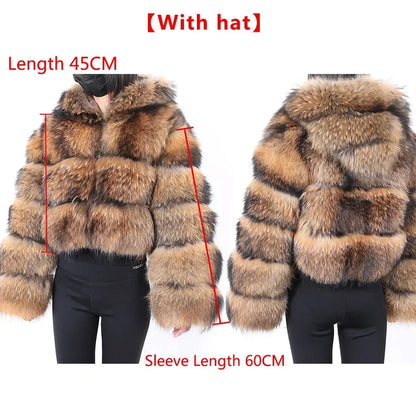 Real Fur Coat Women Natural Raccoon Fur Jacket  Long Sleeve With Hat