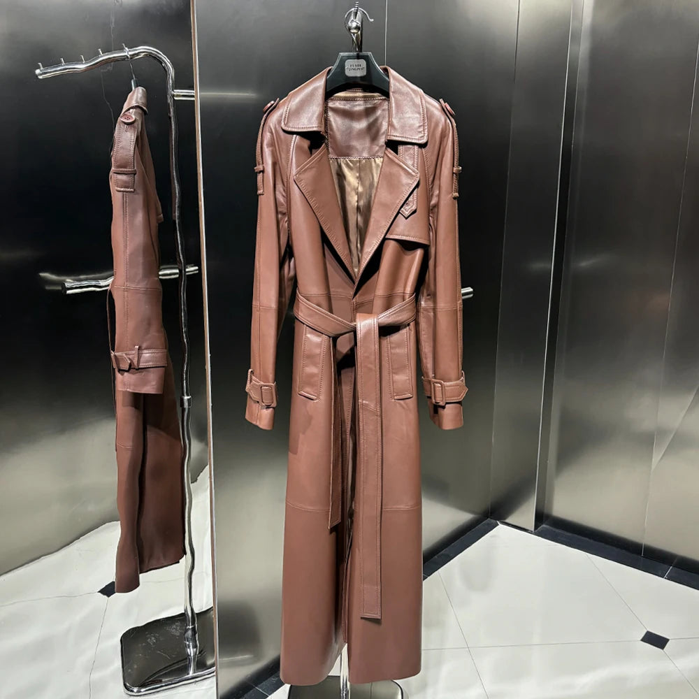 Crocodile Textured Leather Coat Long Ladies Real Sheepskin Coat Genuine Sheep Leather