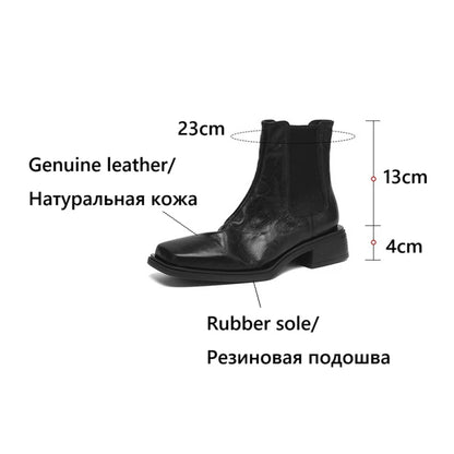 Women Genuine Leather Boots Square Toe Chunky Heel  Slip-on Modern Boots