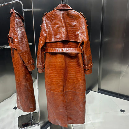 Crocodile Textured Leather Coat Long Ladies Real Sheepskin Coat Genuine Sheep Leather