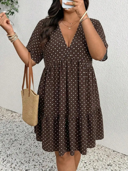 Women Plus Size V-Neck Polka Dot Casual Flowy Dress Summer