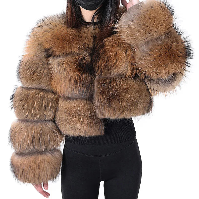 Real Fur Coat Women Natural Raccoon Fur Jacket  Long Sleeve With Hat