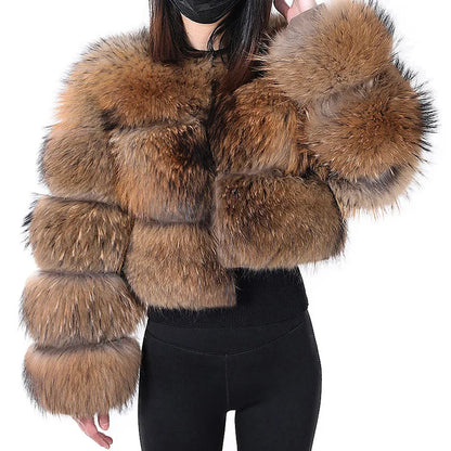 Real Fur Coat Women Natural Raccoon Fur Jacket  Long Sleeve With Hat