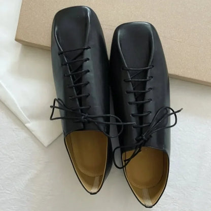 French Retro Pleated Cross Tie Flat Bottom Soft Leather Shoe  New Square Headed Strap Single Shoes
