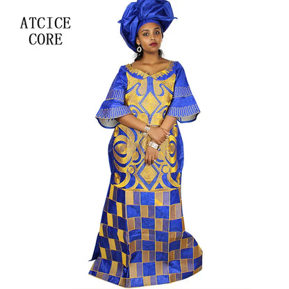African Dresses For Women 3/4 Sleeve Plus Size Dress With Scarf