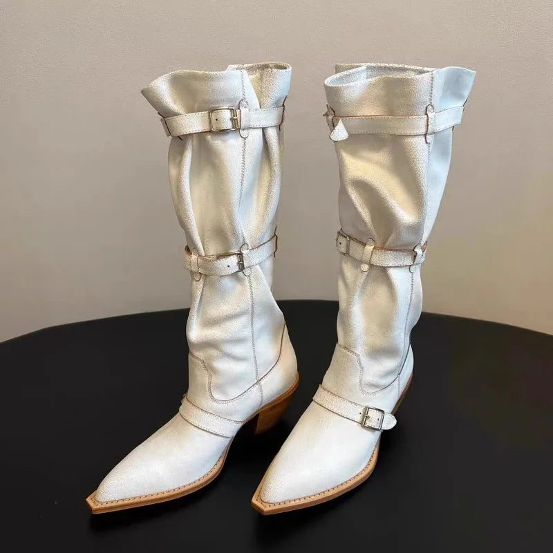 High Heels Long Boots Women Belt Buckle Pointed Toe