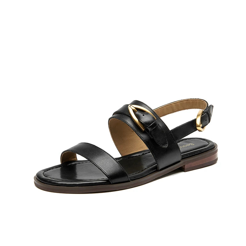 Flat Sandals Genuine Leather Metal Buckle  Slingback Low Heel Summer Retro Ladies Shoes