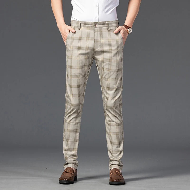 High Quality Plaid Pants Men Classic Business Casual Full Length