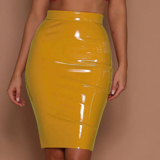 Women PU Leather Bodycon Skirt Gothic Black Wet Look Red Yellow Midi Skirt