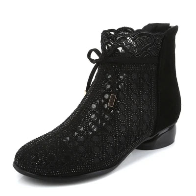 Spring Summer Ankle Boots Rhinestones Sandals Mesh Boots Hollow Women's Shoes Genuine Leather