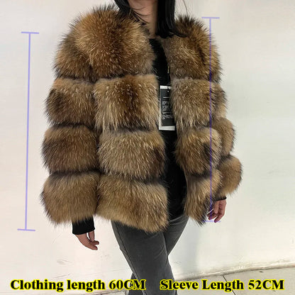Real Fur Coat Women Natural Raccoon Fur Jacket  Long Sleeve With Hat