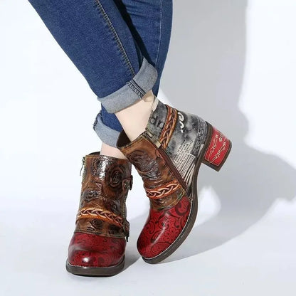 Fashion Vintage Splicing Printed Ankle Boots