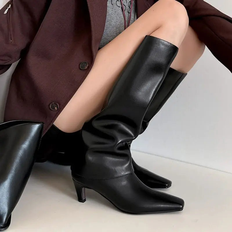 Real Sheepskin Women Knee High Boots Lady Autumn Winter Turned Over Edge Boots