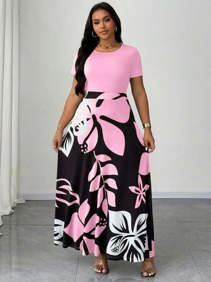Plus Size Women Botanical Print Round Neck Short Sleeve Maxi Dress