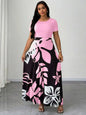 Plus Size Women Botanical Print Round Neck Short Sleeve Maxi Dress