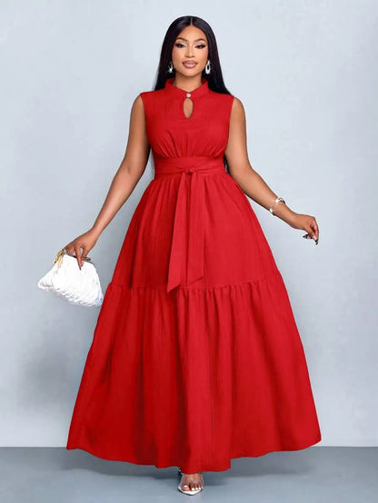 Plus Size Orange Stand Collar Sleeveless Cinched Waist Tiered Maxi Dress Casual Wear