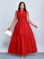 Plus Size Orange Stand Collar Sleeveless Cinched Waist Tiered Maxi Dress Casual Wear