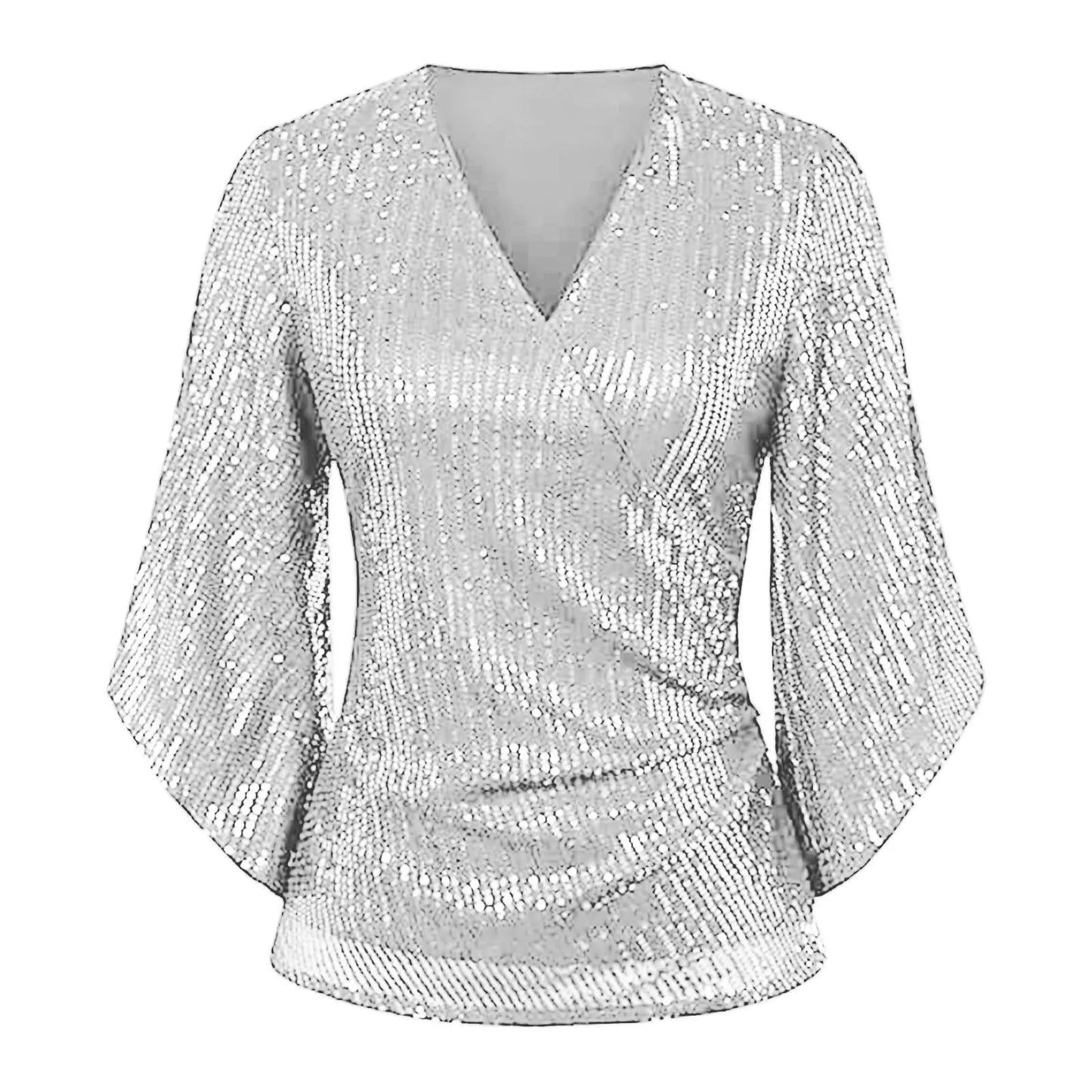 Women Tops 3/4 Sleeve Glitter Sparkly Party Blouse