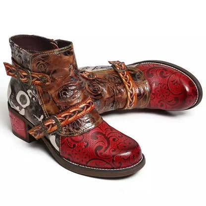 Fashion Vintage Splicing Printed Ankle Boots