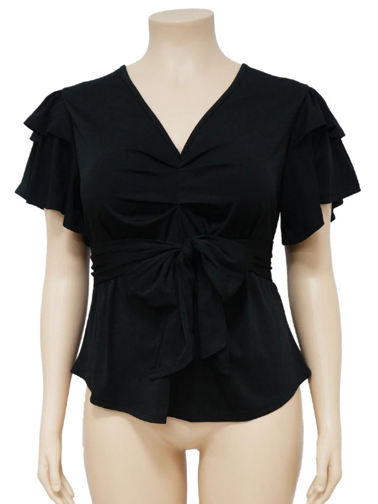 Women Plus Size Tops Elegant Deep V Neck Ruffles Shirts