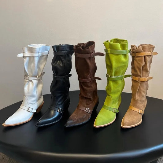 High Heels Long Boots Women Belt Buckle Pointed Toe