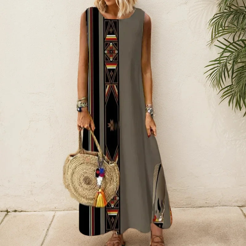Elegant Printed O-Neck Sleeveless Women Dress  Loose Casual Beach Long Dresses Ladies Boho Maxi Dress