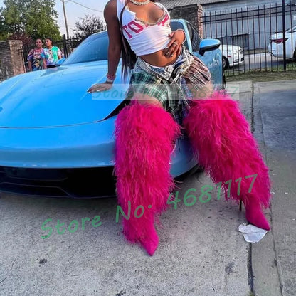 Women Fluffy Real Ostrich Feather Knee High Boots Women