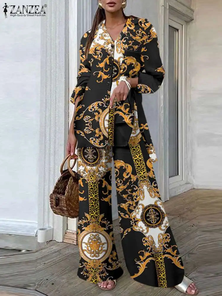 Casual Loose Vintage Printing 2pcs Pantsuits Side Slit Long Shirt