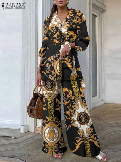 Casual Loose Vintage Printing 2pcs Pantsuits Side Slit Long Shirt