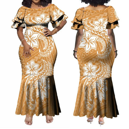Polynesian Dress White Samoan Tribal Design Layered Ruffle Midi Mermaid Dresses Women Lady Elegant Frill dress