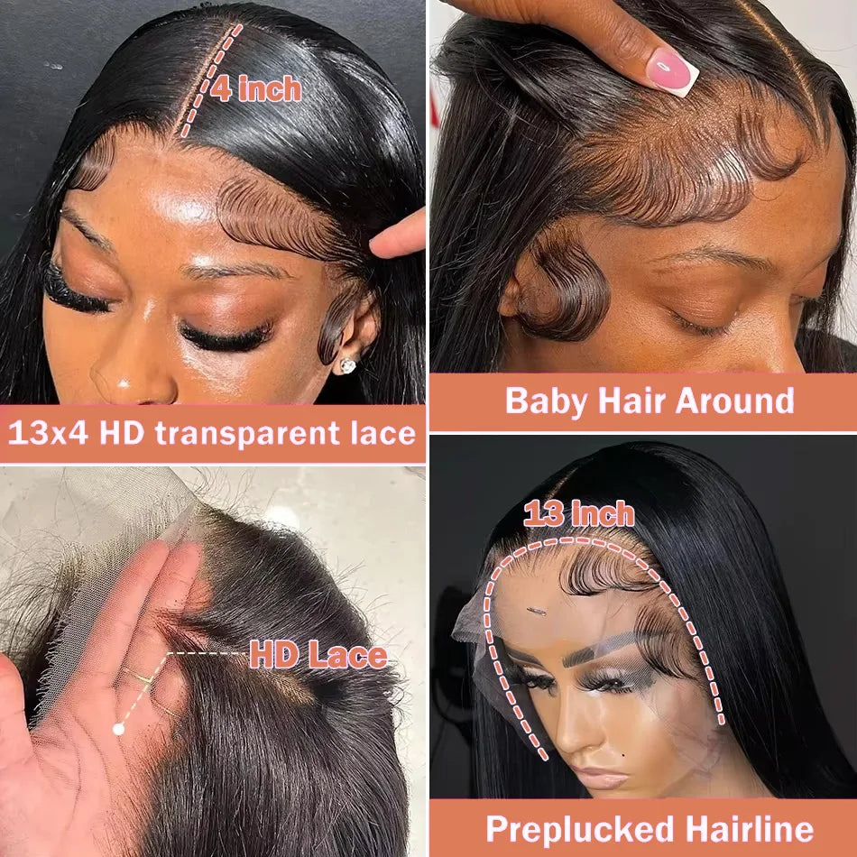 30 40 Inches 13x6 HD Transparent Lace Frontal Wigs Bone Straight  Pre Plucked Human Hair Wigs For Women