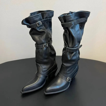 High Heels Long Boots Women Belt Buckle Pointed Toe