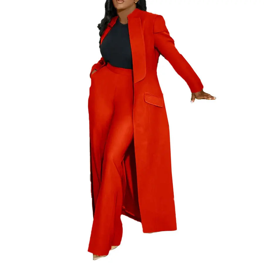 Women's Set Full Sleeve X-Long Blazer Coat+ Long Pant Suit