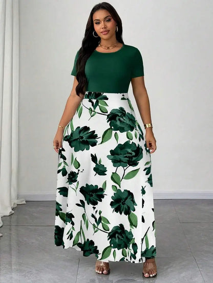 Plus Size Women Botanical Print Round Neck Short Sleeve Maxi Dress
