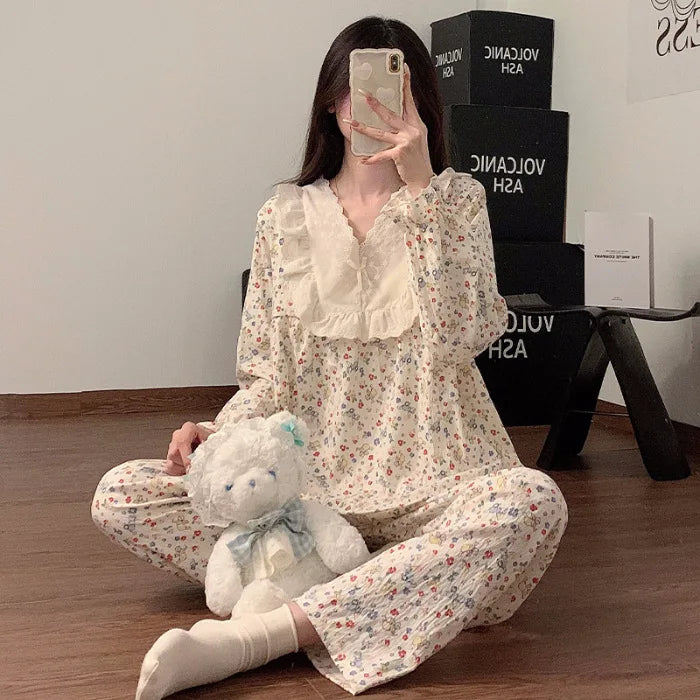 Women`s Lace Flower 2 Piece Pajamas Set V-neck Ruffled Nightwear Clothes