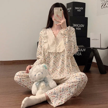 Women`s Lace Flower 2 Piece Pajamas Set V-neck Ruffled Nightwear Clothes