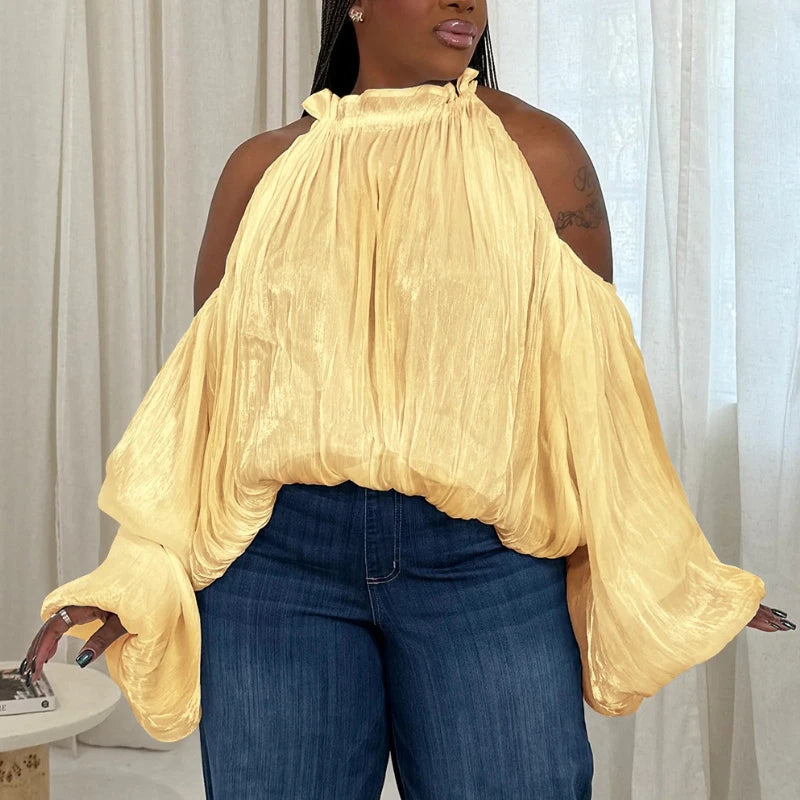 Shiny Plus Size Blouse Women Halter Neck Loose Long Lantern Sleeve Sexy Casual Holiday Evening Party Shirt
