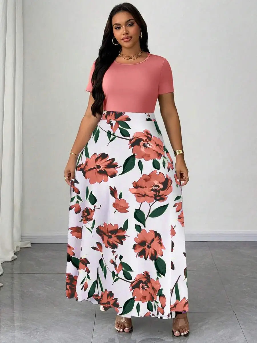 Plus Size Women Botanical Print Round Neck Short Sleeve Maxi Dress