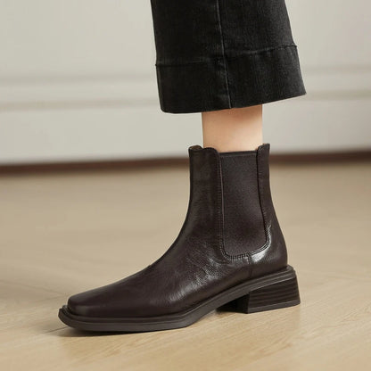 Women Genuine Leather Boots Square Toe Chunky Heel  Slip-on Modern Boots