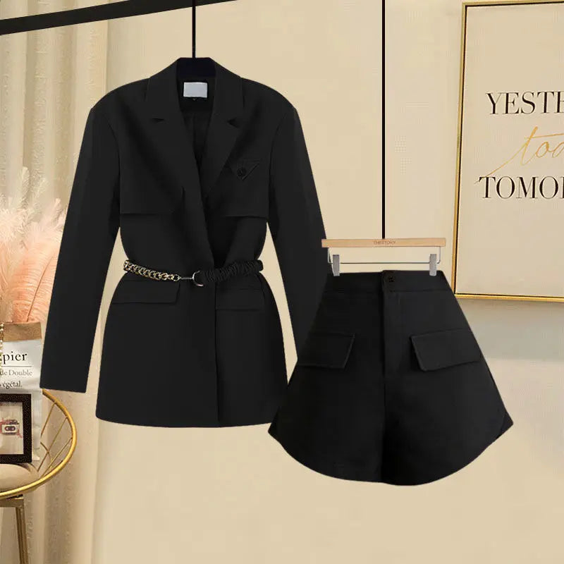 Women's Suit Belt Decorative Jacket Blazer Slim Shorts Two-piece Elegant Women's Pants Suit   Outfits