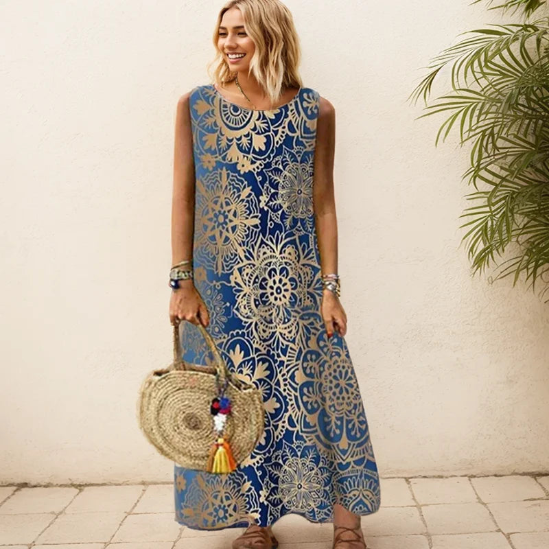 Elegant Printed O-Neck Sleeveless Women Dress  Loose Casual Beach Long Dresses Ladies Boho Maxi Dress
