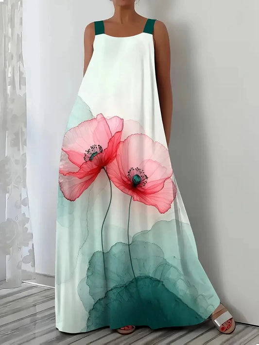 Women Plus Size cross-border spring and summer print suspender pocket dress