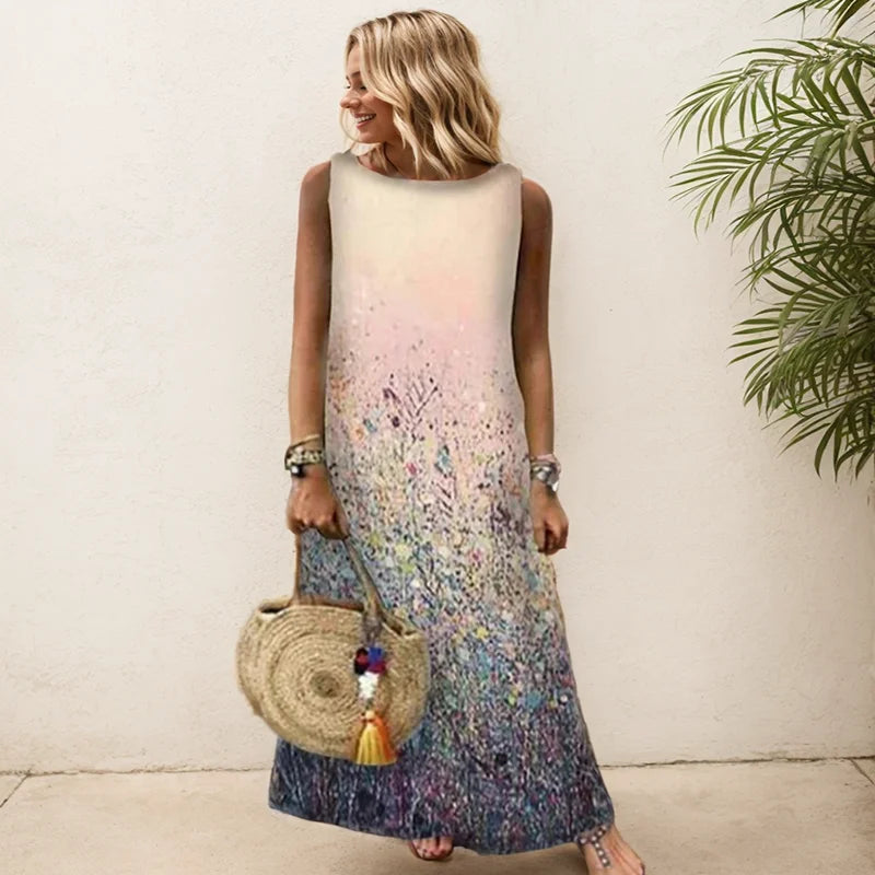 Elegant Printed O-Neck Sleeveless Women Dress  Loose Casual Beach Long Dresses Ladies Boho Maxi Dress