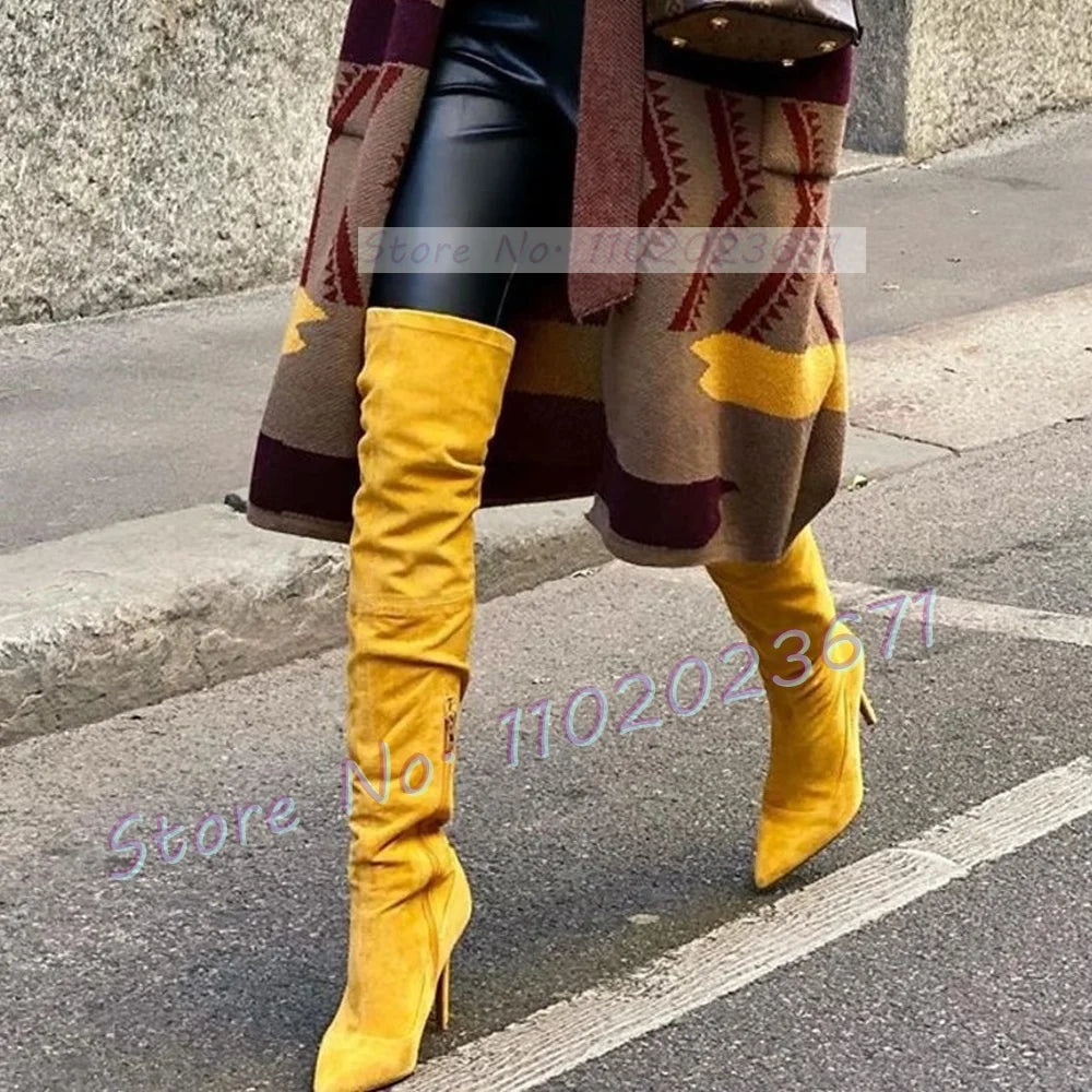 Yellow Suede Splicing Long Boots Women Vintage Streetwear