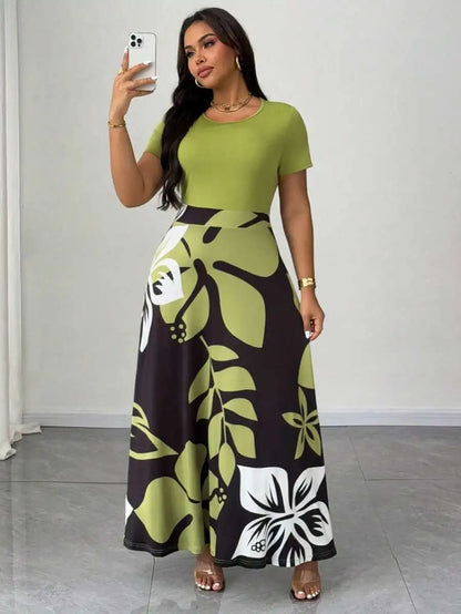Plus Size Women Botanical Print Round Neck Short Sleeve Maxi Dress