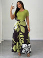 Plus Size Women Botanical Print Round Neck Short Sleeve Maxi Dress