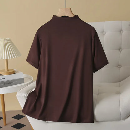 Temperament Half High Neck Solid Color Short Sleeve Tees Plus Size Women's Base T-shirt
