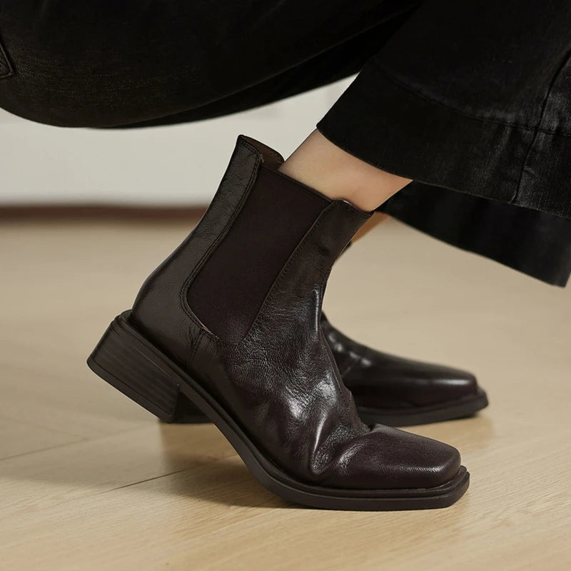 Women Genuine Leather Boots Square Toe Chunky Heel  Slip-on Modern Boots