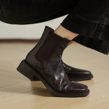 Women Genuine Leather Boots Square Toe Chunky Heel  Slip-on Modern Boots